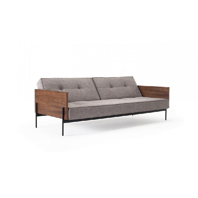 Innovation Living - Canapé Splitback Lauge Convertible Lit 115x210 cm - Tissu Mixed Dance Grey - Accoudoirs Noyer_1