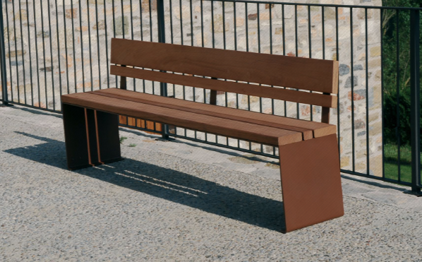 Banc public en bois PYSA - acier corten et bois tropical TIAMA - 2000mm_1
