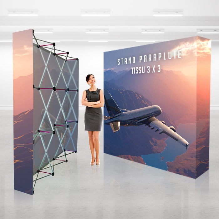 Stand parapluie - tissu eco 3 x 3 - structure légère avec visuel en tissu tendu et sac à roulettes_1