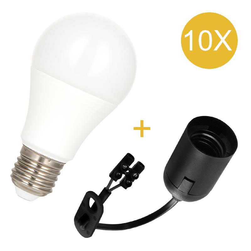 10-pack combi E27 - Douille lisse noire 15cm + LED A60 10W 4000K Opale - Article 140818_1