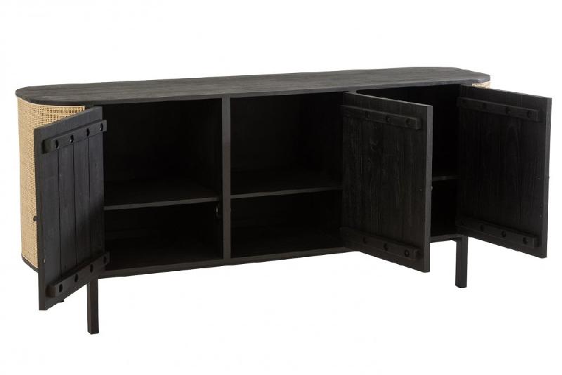 Buffet bas RARY - bois exotique noir et rotin naturel - 3 portes et 3 tablettes de rangement_1