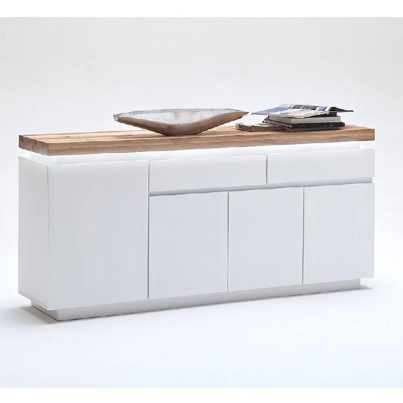 Buffet Romina - 4 portes, 2 tiroirs, laqué blanc mat, plateau chêne noueux huilé avec LED intégrées_1
