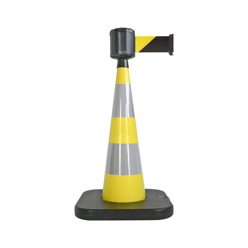 Cône de balisage avec base à lester et sangle enrouleur 100mm largeur - Jaune / Noir/Jaune / 1100_1