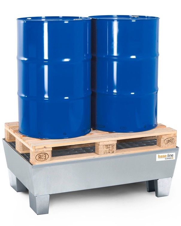 Bac de rétention base-line - caillebotis à mailles larges galvanisé - 219151W - pour 2 fûts de 200 litres - volume de rétention 235L_1