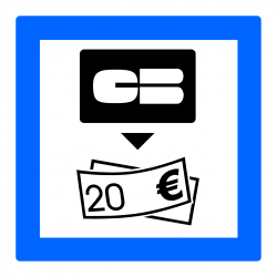 Panneau services distributeur de billets de banque CE25 - pictogramme carte bancaire, flèche et billet de 20€_1