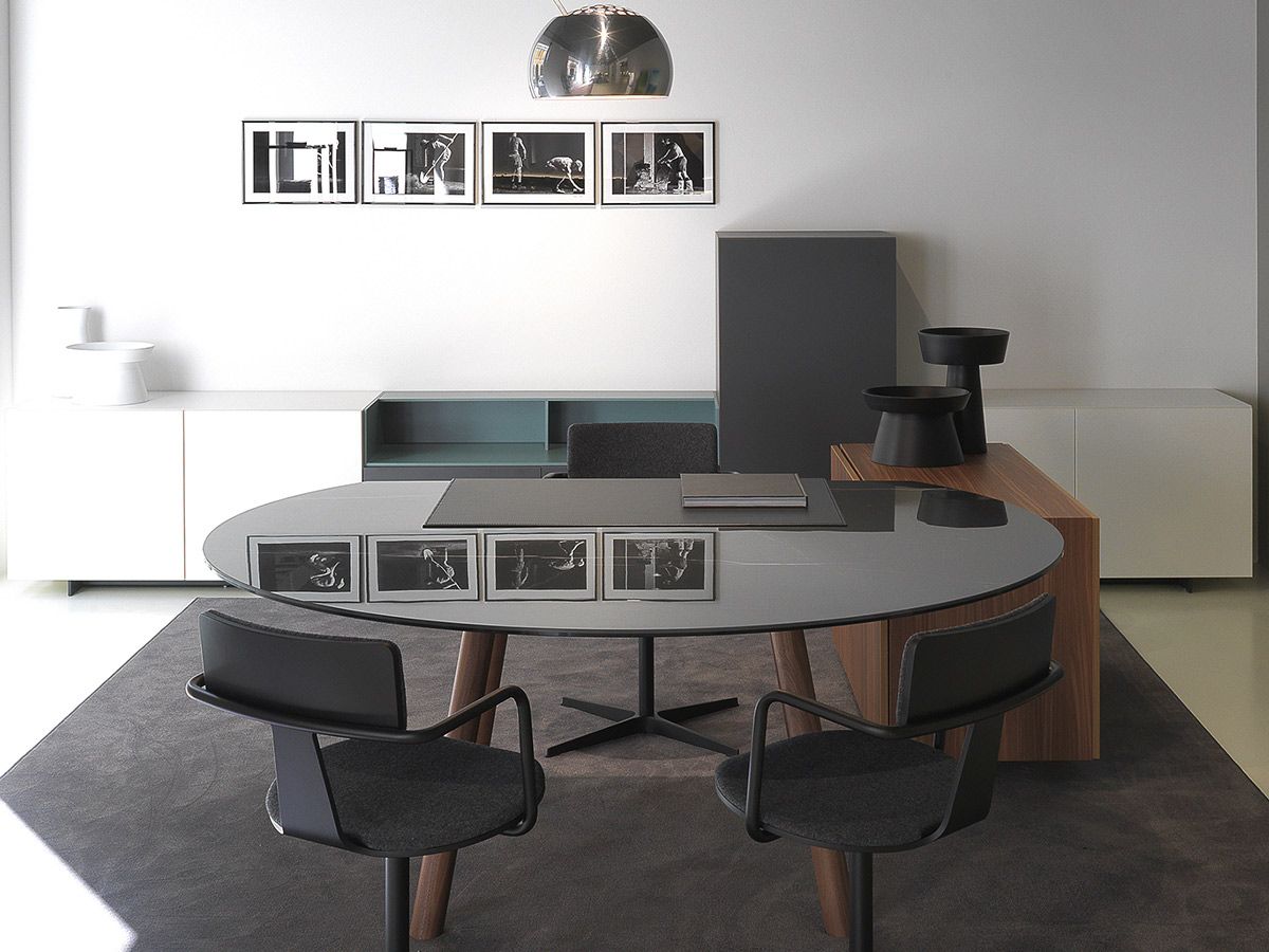 Bureau de direction semi-circulaire en verre PHANTOM avec crédence fixe_1