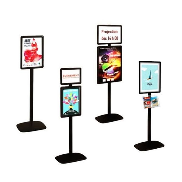 Porte-affiche Cadro-Clic® A2 sur pied H 133 cm noir - Réf : 214022NR - Cadres alu anodisé ouverture faciale_1