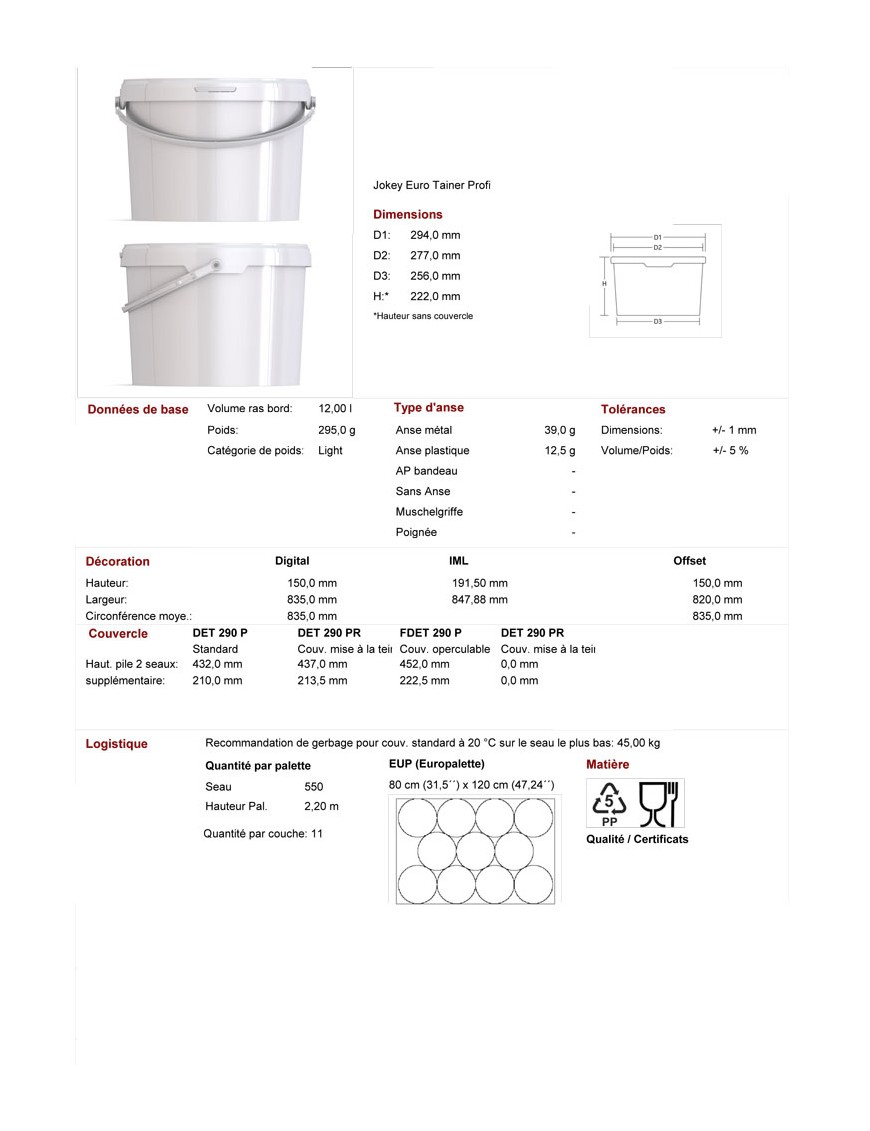 Lot de 5 seaux plastiques alimentaires de 11,5 litres - avec couvercles - polypropylène_1