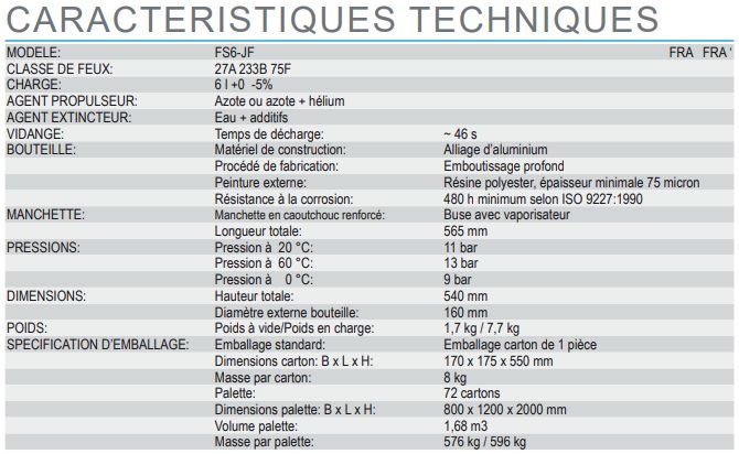 FS6-JF - Extincteur portatif pressurisé à eau additivée - Aluminium - 6L - Certifié PED, MED et NF-EN3_1