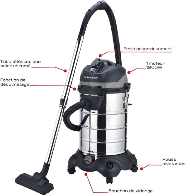 Aspirateur eau et poussière 30L - 230V 1200W - Cuve métallique, prise électroportatif, décolmatage, souffleur - Réf. 50005_1