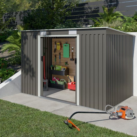 Abri de jardin en métal taupe 4,29 m² avec kit d'ancrage - Toit plat, charpente renforcée, double porte coulissante - Réf. J-ABR239_1