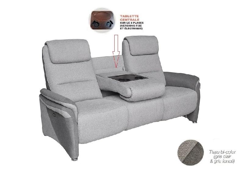 Canapé fixe 3 places Zilia - Revêtement bicolore en microfibre et tissu gris clair/gris foncé - Design contemporain avec tablette centrale et porte-gobelets_1