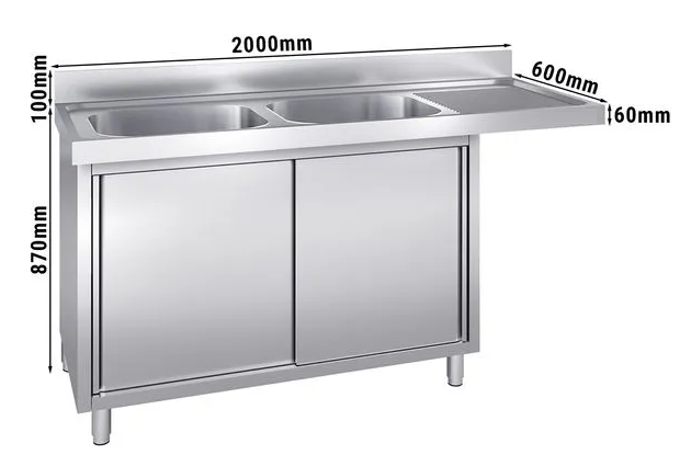 Plonge avec passage lave-vaisselle 200 x 60cm et placard - 2 cuves à gauche l50 x p40 x h25 cm_1