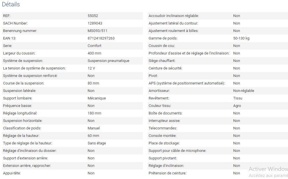 Siège de tracteur Grammer AG - Compacto Comfort S tissu agri - Course de la suspension : 80 mm - Référence 55052_1