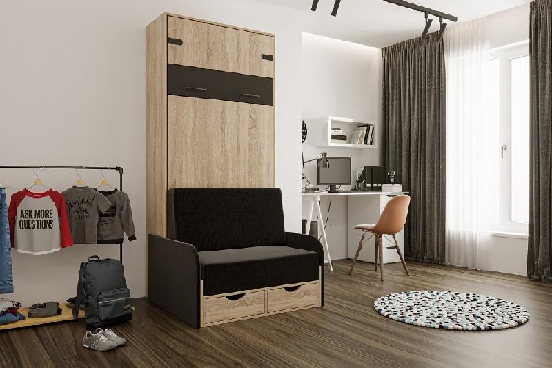 Lit escamotable style industriel KEY SOFA - canapé avec accoudoirs tissu et tiroirs de rangement - couchage 90x200 cm anthracite_1