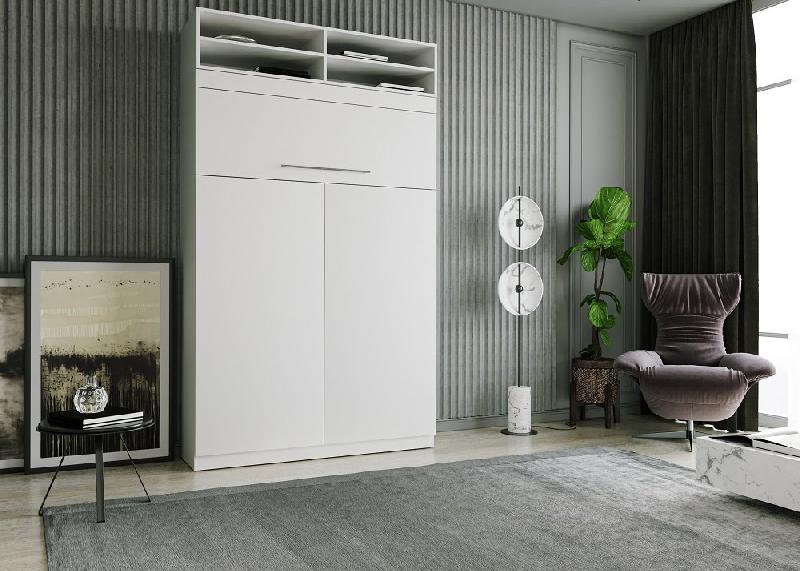 Lit escamotable Lutecia surmeuble - 140 x 190 cm - profondeur 50 cm - blanc mat - avec niches de rangement_1