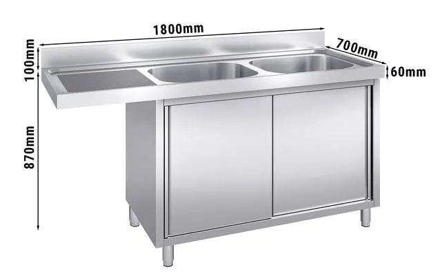 Plonge avec passage lave-vaisselle 180 x 70cm et placard - 2 cuves à droite l50 x p50 x h30 cm_1