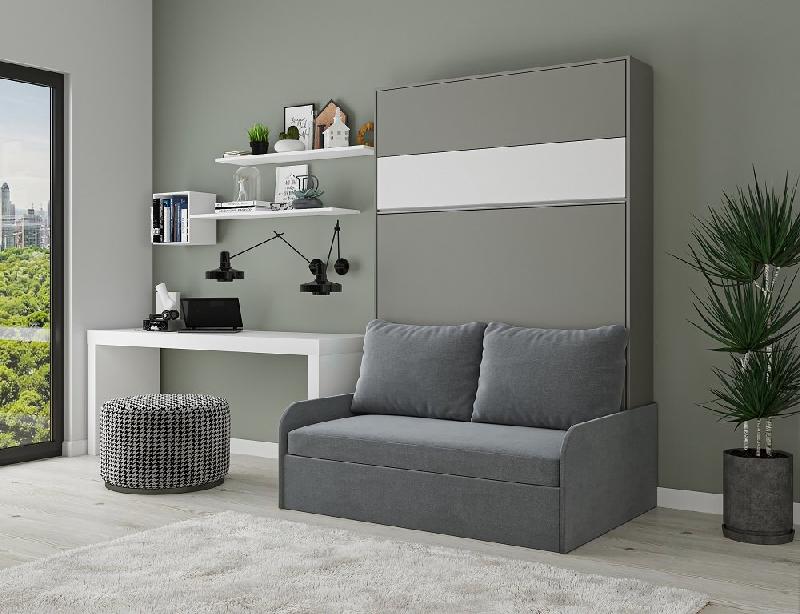 Armoire lit escamotable Bermudes Sofa gris - bandeau blanc - canapé intégré 140x200 cm_1