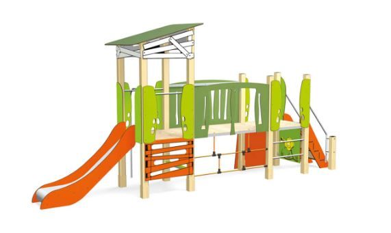 3703 - Ma Cabane, structure pour aire de jeux Transalp - 2 tours avec toboggan, mur d'escalade et panneaux ludiques_1