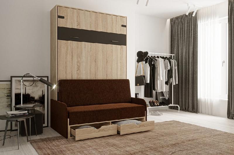 Lit escamotable style industriel KEY SOFA - chêne 140x200 cm - Canapé avec tiroirs et accoudoirs marron_1