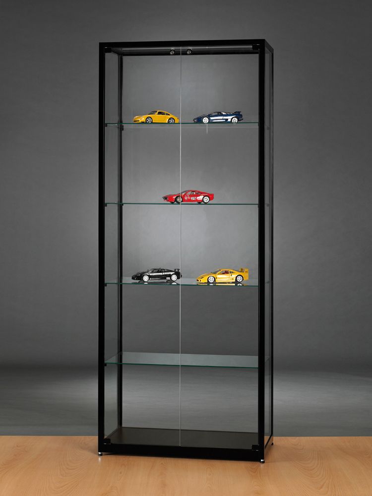 Vitrine l 80 cm aluminium noir top en verre et portes battantes avec serrure_1