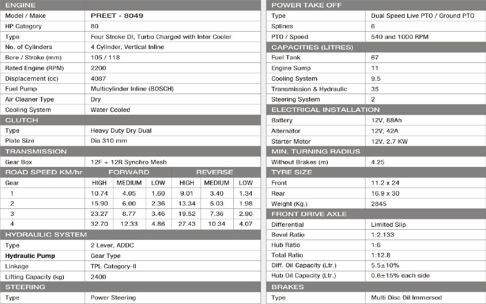 Tracteur 4 roues motrices PREET 8049 avec moteur puissant