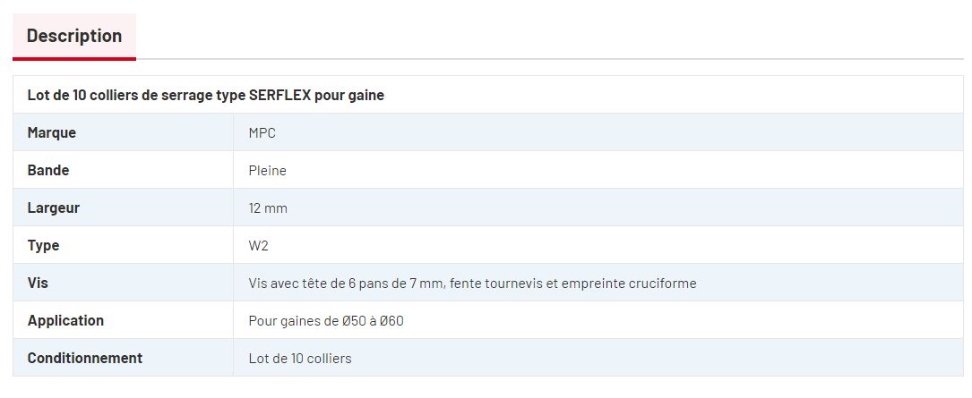 Serflex - Colliers de fixation pour gaine Ø50 à Ø70 - MPC - Type W2 - Largeur 12 mm - Lot de 10 - Réf. AMQX00052-10_1