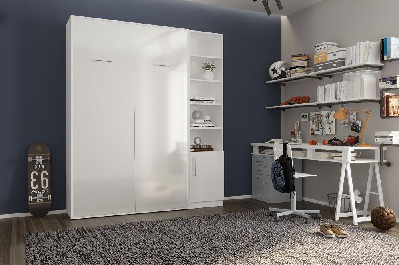 Composition armoire-lit SMART-V2 - Façade blanc brillant 140x200 cm avec bibliothèque blanc mat_1