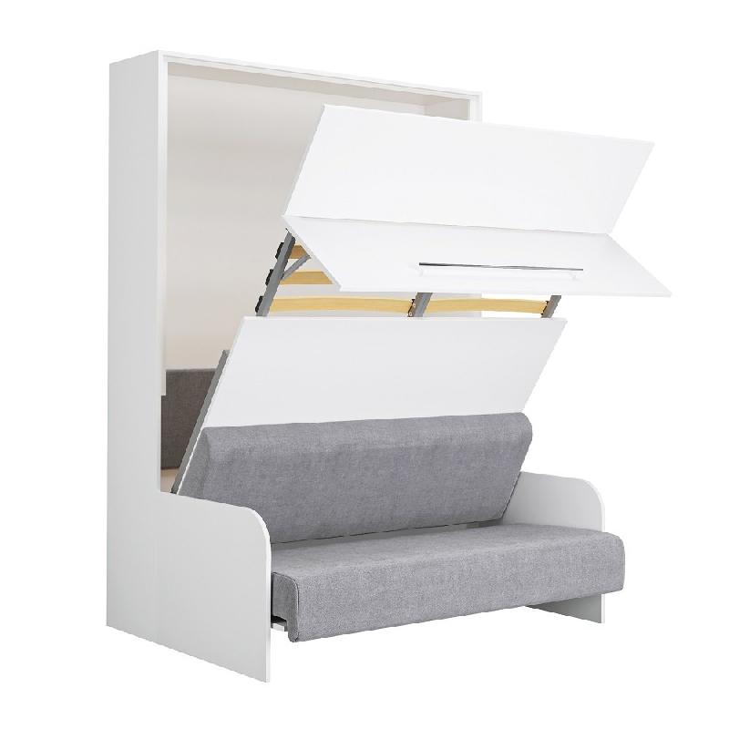 Armoire lit escamotable Sofa Automatica 140 cm blanche avec canapé intégré en microfibre grise - Mécanique brevetée SEDAC MERAL_1