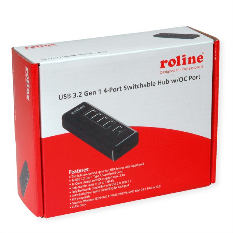 ROLINE Hub Notebook USB 3.2 Gen 1, 4 ports + 1 port chargeur (QC), ports commutables individuellement_1