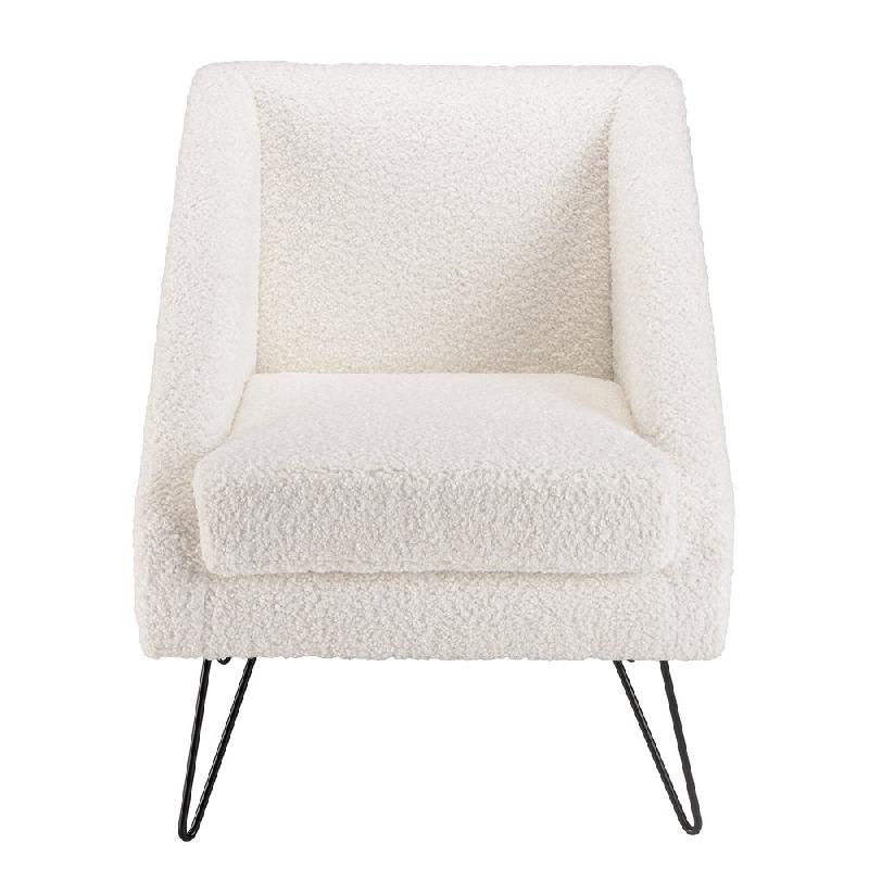 Fauteuil design GOTHY blanc en tissu bouclette - pieds épingles métal noir - style contemporain et élégant_1