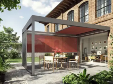 Auvent terrasse avec pergola bioclimatique -Toit de terrasse en alu, toile ou verre - Système de toit Lamaxa L50_1
