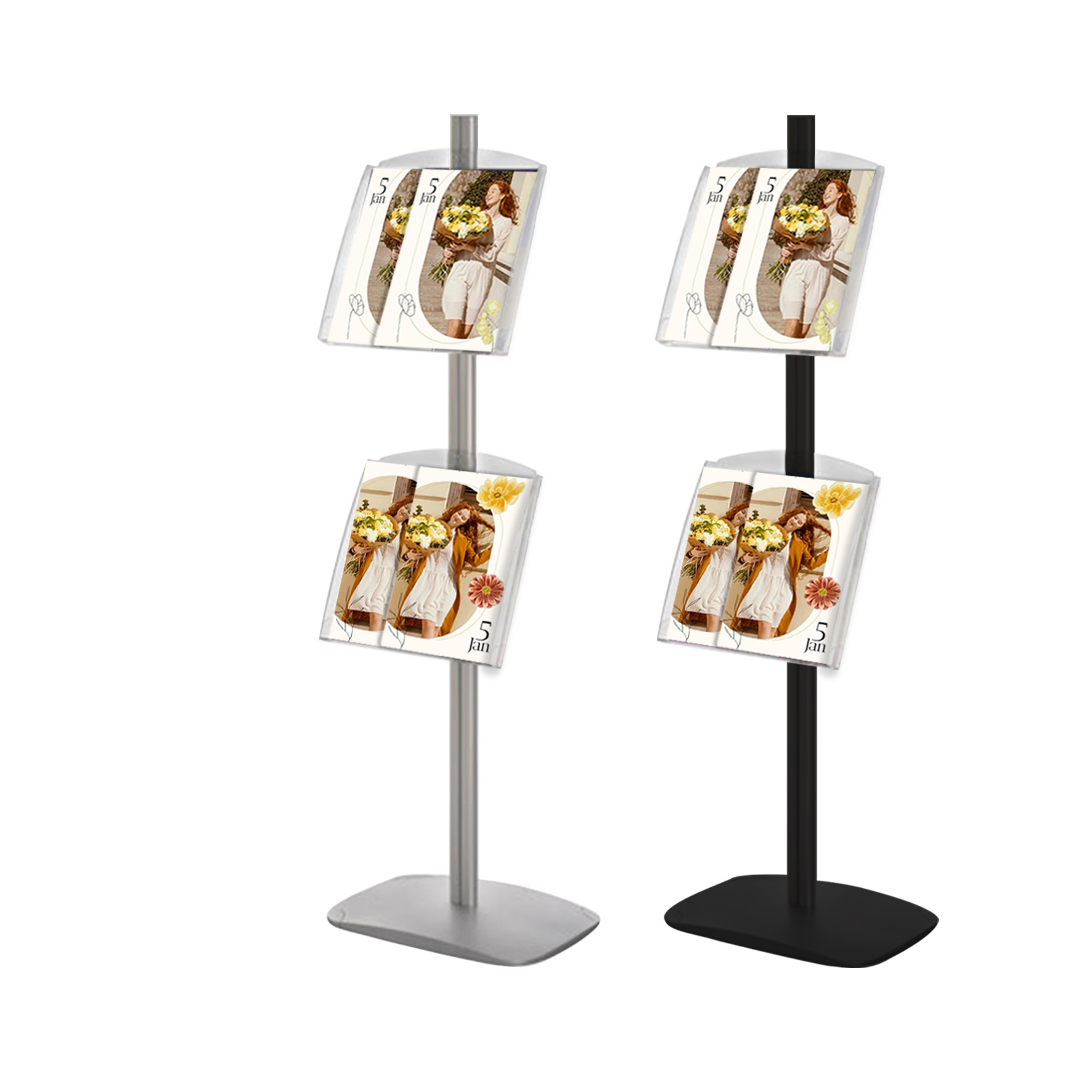 Présentoir Deko GRIS simple-face avec 2 étagères PLEXIGLASS - H 134 cm - Socle lesté 4 kg - Réf : 214038_0