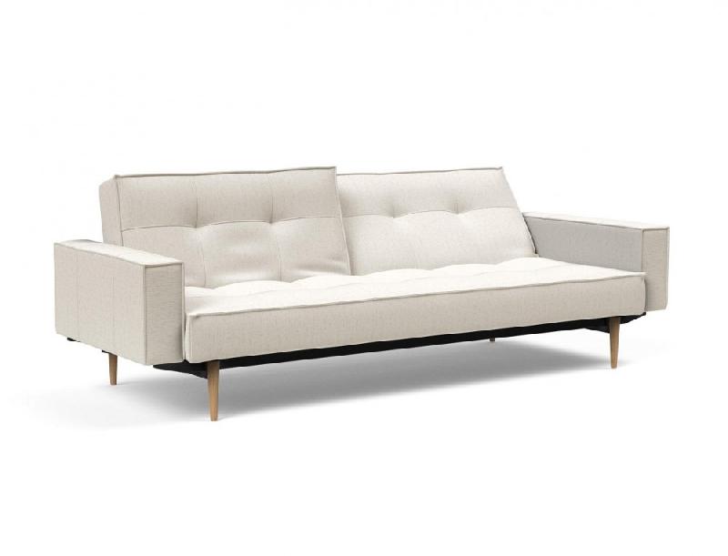 Canapé convertible Splitback Styletto avec accoudoirs - Pieds fuseau en chêne naturel - Tissu bouclé Off White_1