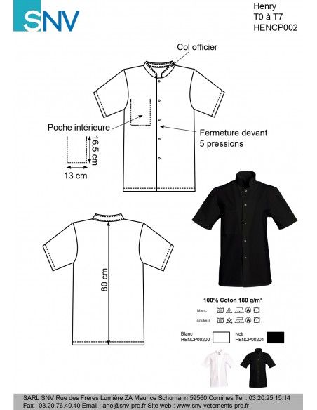 HENCP00201 - Veste de cuisine SNV - Manches courtes - 1 poche intérieure - 100% coton 200g_1
