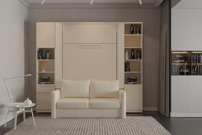 Composition armoire lit escamotable Fidji Sofa - couchage 140x200 avec colonnes de rangements intégrées et canapé blanc cassé_1
