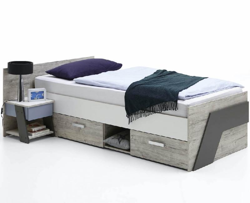 Lit compact Nantes - Chêne sable, gris lava et blanc - 2 tiroirs et plateau fixe_1