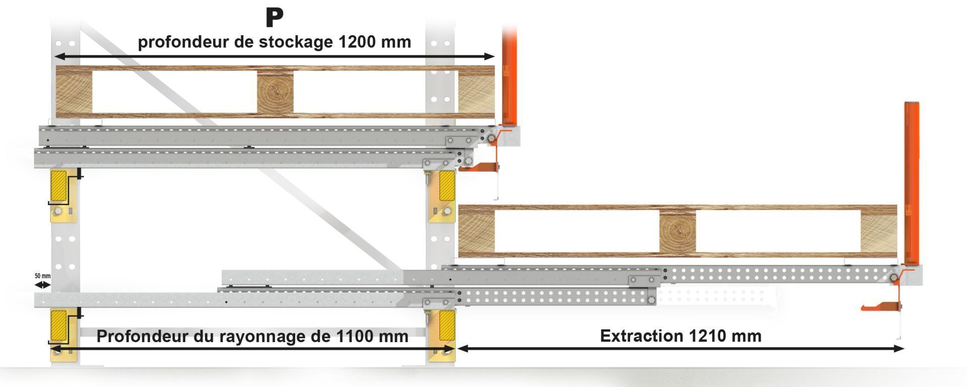 Tiroir à palette sur lisses basses de rayonnage - ouverture télescopique - STOCK3P - charge jusqu'à 900 kg_2