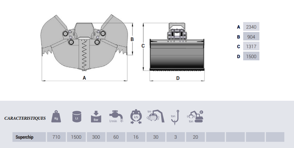 Bennes preneuses pour pelles Superchip Jagged - Intermercato, ouverture 2,34 m, poids 710 kg, pour pelles jusqu'à 20 t en pendulaire_1