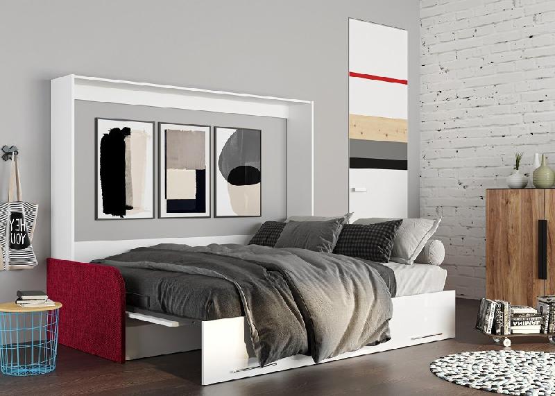 ARMOIRE LIT ESCAMOTABLE VERTIGO SOFA FAÇADE BLANC BRILLANT CANAPÉ ACCOUDOIRS ROUGE 160*200 CM_1