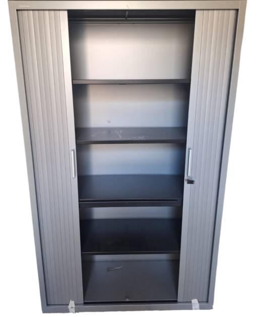 Armoire métallique monobloc Steelcase d'occasion - gris - 4 étagères réglables - fermeture à rideaux - H 198 x L 120 x P 45_1