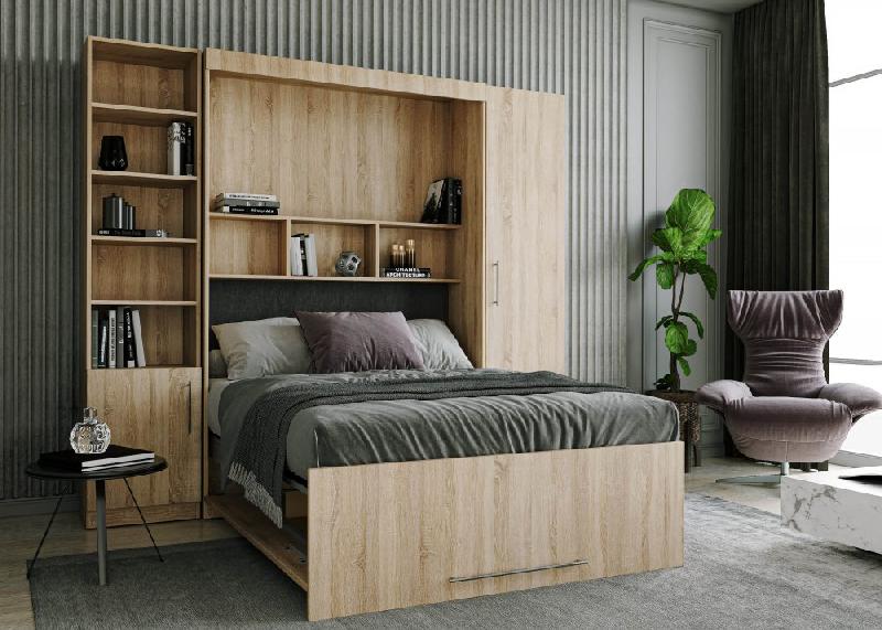 Composition armoire lit escamotable LUTECIA - Chêne naturel - Couchage 140x190 cm avec rangements intégrés_1