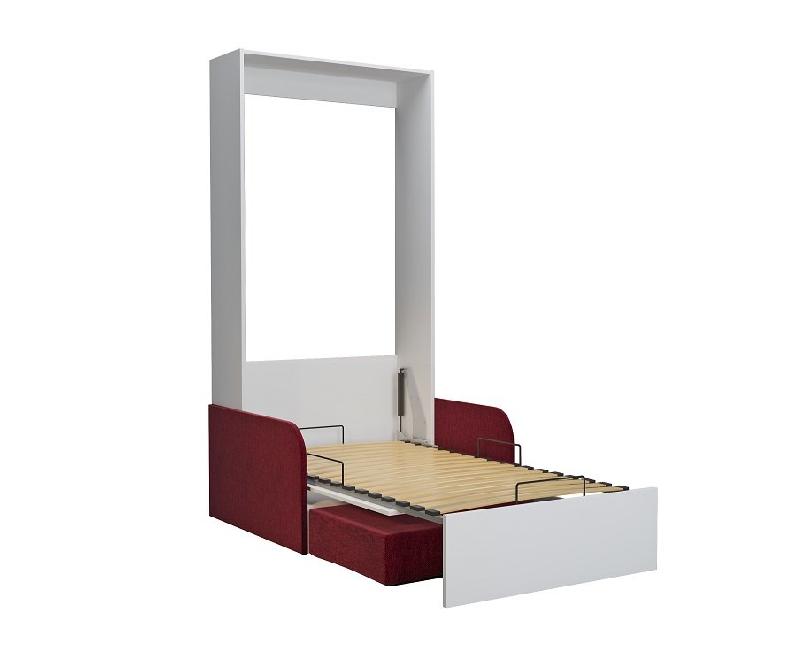 Armoire lit escamotable Dynamo Sofa blanc avec canapé + accoudoirs tissu rouge - Couchage 90x200 cm_1