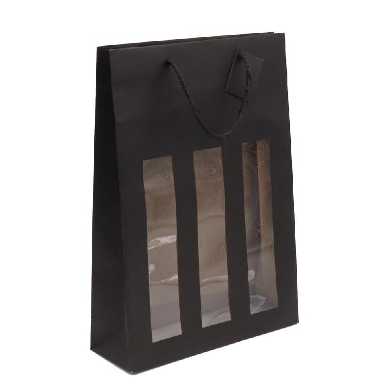 Sac 3 bouteilles kraft vergé noir fenetres et poignées coton 27+9x38cm par 10_1