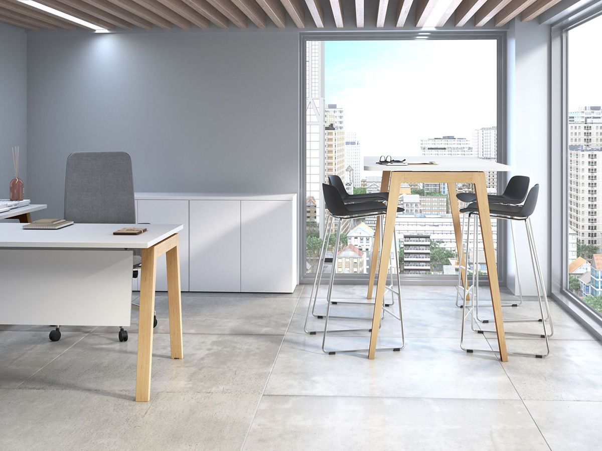 Table haute Arken Wood - design ergonomique - piètement hêtre massif et poutre métallique_1