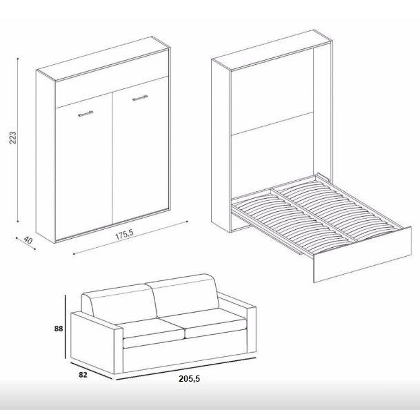 Armoire lit escamotable Traccia - Structure blanche avec canapé intégré en tissu rouge, accoudoirs larges, couchage 160x200 cm_1