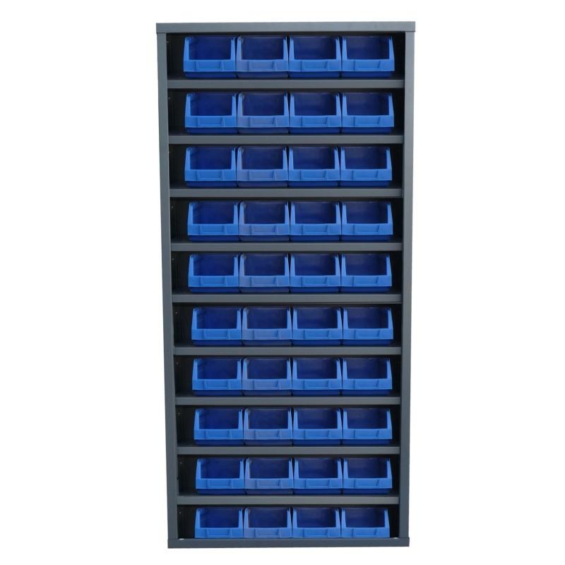 Armoire à bacs avec portes verrouillables - 40 bacs polypropylène, structure acier - Sans portes / Bleu / 84 x 1L_1