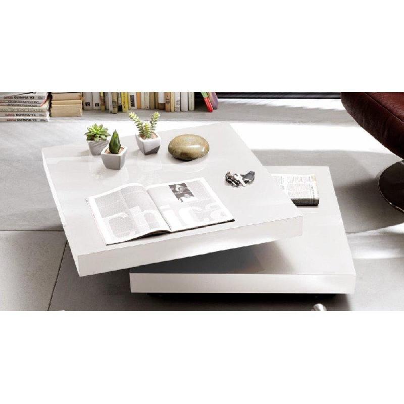 Table basse design HUBIC - laquée blanc brillant avec plateau pivotant et plaques en verre_1