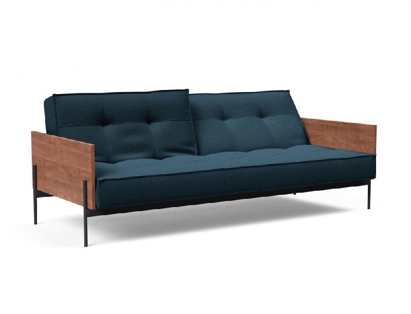 Canapé-lit Splitback Lauge - Innovation Living - Convertible 115x210 cm - Tissu Argus Navy Blue - Accoudoirs noyer_1