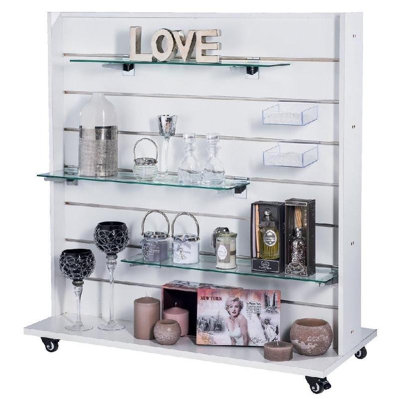 Gondole double face blanche - L.120xP.60xH.130cm - base stable avec roulettes et 7 rainures par face_1